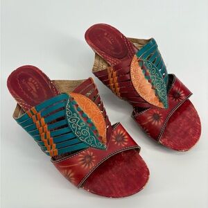 Spring Step Minka Red and Teal Fresco Open Toe Heeled Sandals